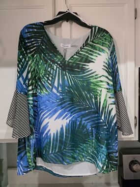 Calvin Klein Blue & Green Palm Print V-Neck Blouse Size XL NWT